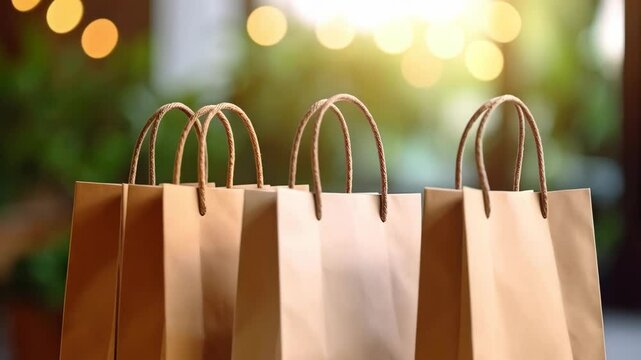 Close-up shot featuring a row of craft paper shopping bags with string handles, on a wooden surface near a window with bokeh light