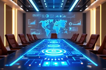 Modern conference room with digital assets and global data visualization