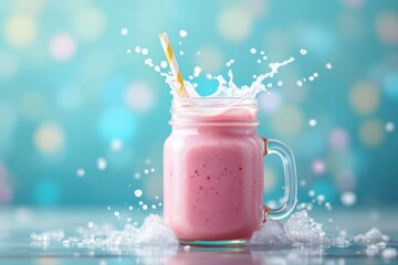 Pink beverage splashing in glass jar with straw against colorful background