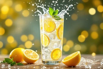 Refreshing lemon beverage with ice and mint leaves