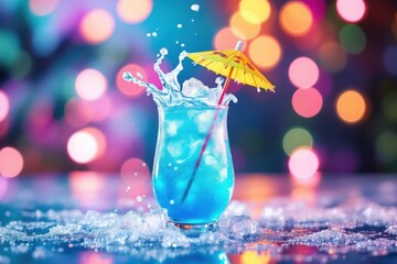Refreshing blue cocktail with ice and umbrella