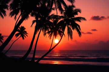 Silhouetted palm trees against vibrant sunset over ocean