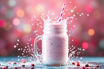 Strawberry milkshake in glass jar with whipped cream and splashes