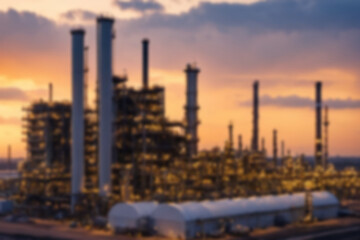 Obraz premium Blurry photo of mega project area, industrial factory construction, large crude oil refinery, sunset.