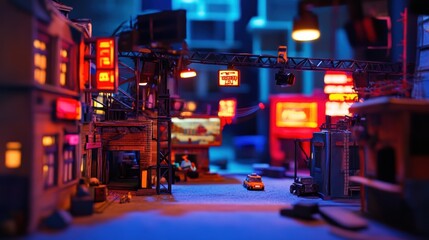 Fototapeta premium A colorful miniature city set for stop-motion animation, lights and camera setup visible
