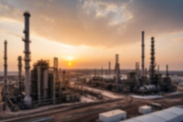Fototapeta premium Blurry photo of mega project area, industrial factory construction, large crude oil refinery, sunset.