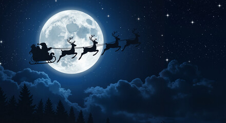 Naklejka premium Santa Claus flying in sleigh with reindeer against full moon at night 