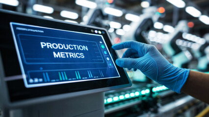 Factory Supervisor Reviewing Production Metrics on Touchscreen
