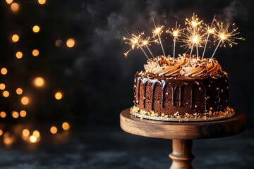 Chocolate Cake With Sparklers on a Wooden Stand Celebrates Joyful Moments at a Party.