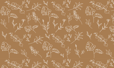 Delicate Floral Sketch on Brown seamless pattern
