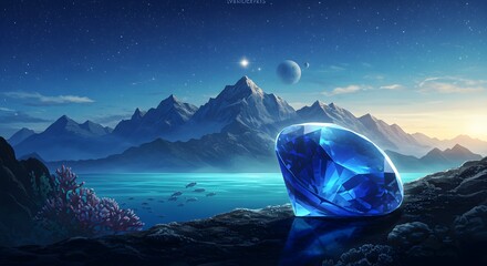 Blue Gemstone on Rocky Shore with Mountains at Night