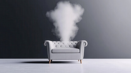 Minimalist sofa with cold vapor rising from air conditioner, creating calming and modern atmosphere in sleek room setting. scene evokes sense of coolness and tranquility