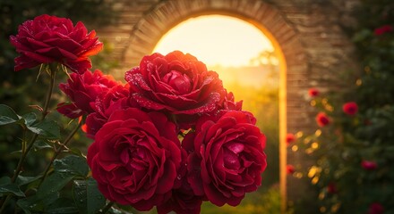 Red Roses Blooming in Garden at Sunrise with Stone Archway
