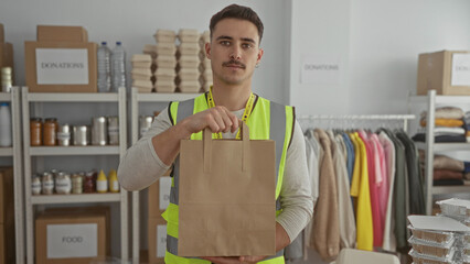 Young man volunteer with reflective vest holds paper bag in indoor charity donations center...