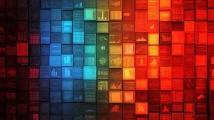 Colorful digital data blocks with vibrant blue, green, yellow, and red hues representing technology, data analysis, and digital information visualization. abstract background evokes innovation