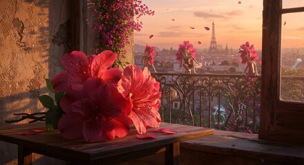Red Flowers on Table Overlooking Cityscape at Sunset