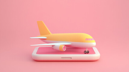 Playful 3D illustration of yellow airplane with pink accents pink background, resting white smartphone, creating whimsical and creative scene.,keywordsairplane aircraft toy mobile phone smartphone