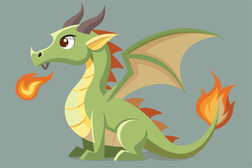 Fototapeta premium Cute Green Dragon Cartoon Character with Fire Breath and Tail