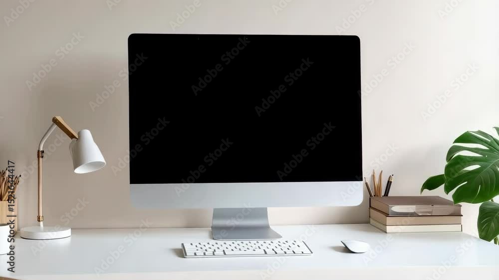 Poster clean workspace with computer monitor and desk accessories on white table in studio