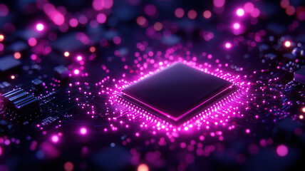 Close up of computer chip surrounded by glowing pink and purple digital particles, creating futuristic and high tech atmosphere, with focus on advanced technology and digital innovation