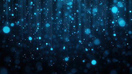Minimal digital rain made of glowing characters streaming down in dark background, creating futuristic and digital atmosphere with vibrant blue light effects