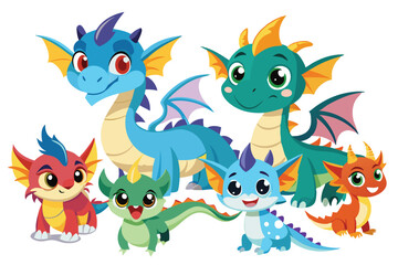 Fototapeta premium Group of six cute cartoon dragons in different colors and sizes