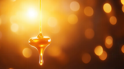 Close up of golden honey dripping from stick warm background with bokeh lights slow motion natural sweetener sticky texture amber color food photography shiny surface liquid flow sweet aroma
