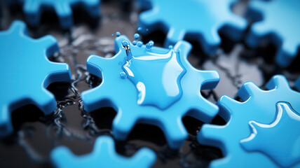 Close up of blue plastic gears with water droplets on their surface, creating shiny and reflective effect, symbolizing technology and machinery, with blurred background