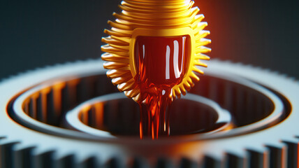 Close up of gear with drop of lubricant being applied, highlighting mechanical maintenance and lubrication process, with focus on precision and cleanliness in machinery
