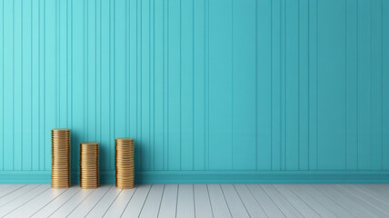 Image shows stacks of gold coins increasing in height from left to right against blue wall with vertical paneling, symbolizing growth or financial progress
