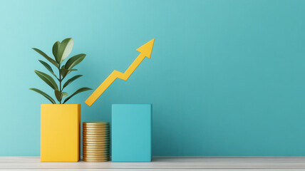 Image shows growth chart with plant, coins, and upward arrow indicating financial or business success, symbolizing growth, prosperity, and positive progress in minimalistic setting