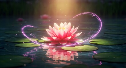 Lotus Flower Floating on Water with Reflection and Glowing Light