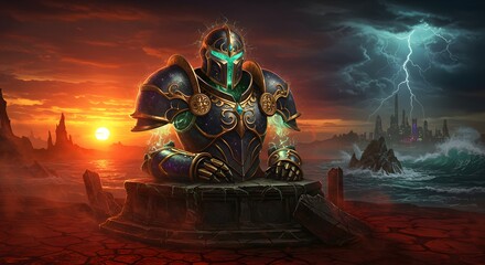 Warrior Statue in Armor at Seaside Sunset and Storm Illustration