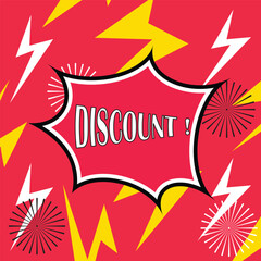 Discount: Pop art style image of discount promotion with bold lettering, lightning bolt patterns, showcasing a vibrant sale and promotional concept.