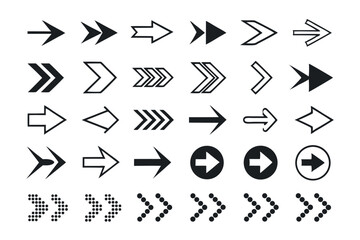 Various arrow silhouettes in different styles, including straight, curved, bold, and dashed for web, infographics, and navigation UI designs.