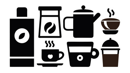  Coffee mug, tea cup, coffee beans, kettle, and brewing tool vector silhouettes in minimal black style for cafes, menus, and beverage branding.