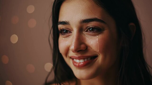 Young woman with dark hair is crying with tears on her cheeks yet smiling faintly against a bokeh background, expressing complex emotions like relief, nostalgia, or bittersweet joy and emotional relea