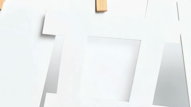 Blank white cards clipped to twine clothesline with wooden clothespins in a minimalist bright setting for mockup or design asset
