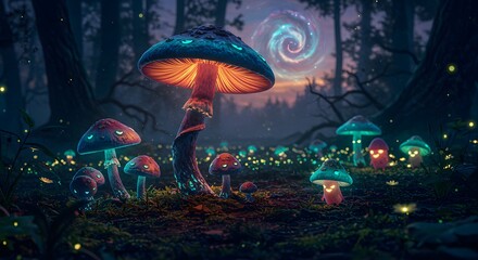 Glowing Mushrooms in Forest at Dusk with Fantasy Sky