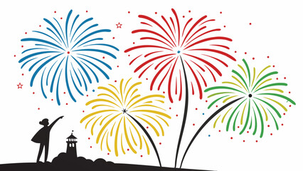 Festive fireworks display celebrating with a silhouette of a person and a lighthouse