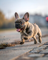 Fototapeta premium Playful French Bulldog Puppy Running Outdoors.