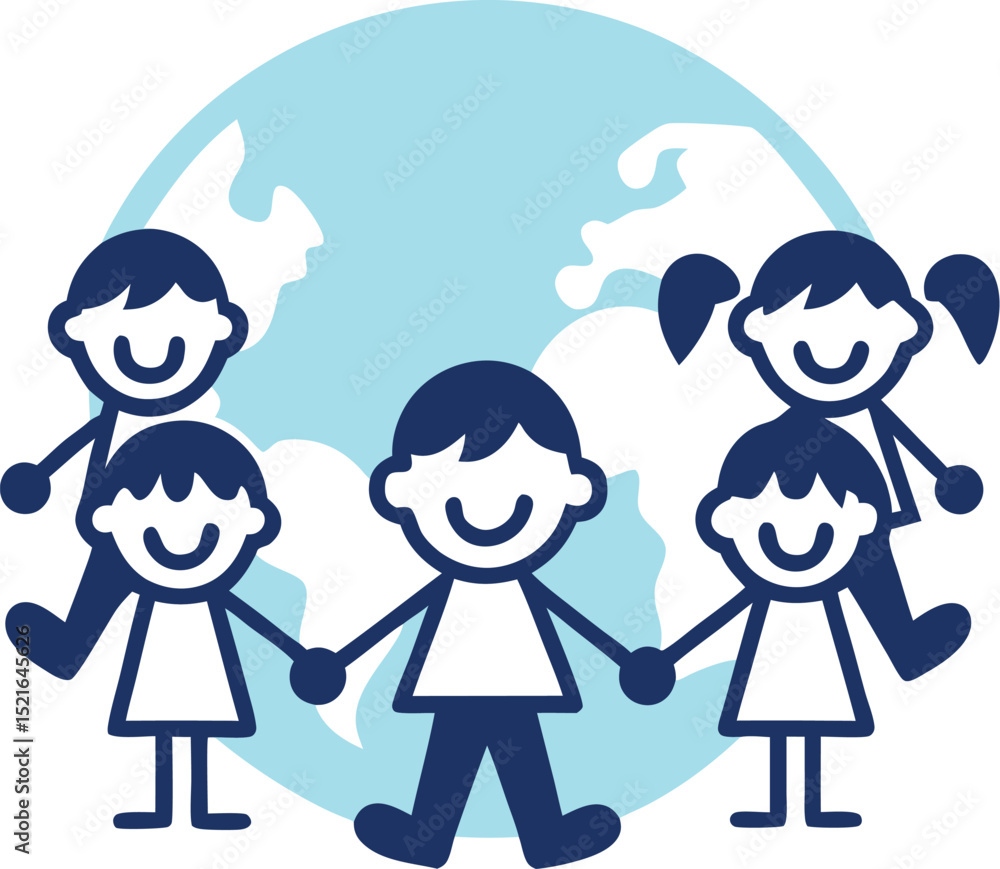 Poster children around the world holding hands representing global unity and friendship in a simplified ico