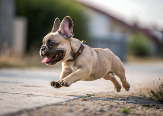 Playful French Bulldog Puppy Running Outdoors.