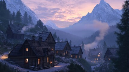 A cozy mountain village at twilight, where gentle smoke rises from chimneys and the atmosphere is calm