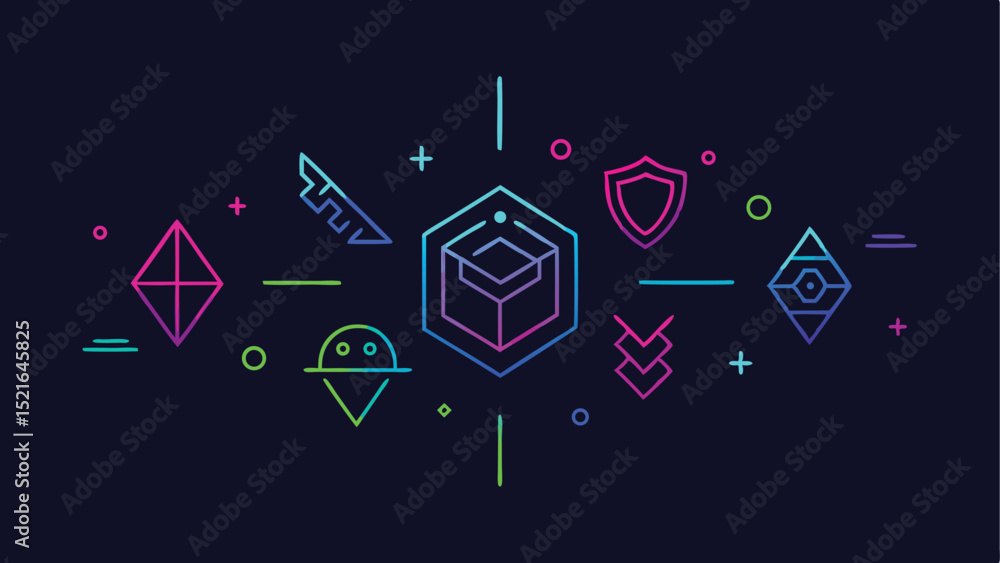 Poster futuristic cyber neon line icons design with gradient colors on a dark background