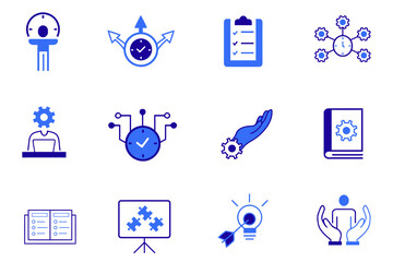 Management solid flat vector icon set. Icons related to teamwork, development, manager, strategy, marketing, business, planning, training, employee etc. Vector editable illustration 