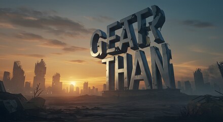 Urban Ruin Landscape with Rising Sun and Large Text