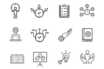 Management line vector icon set. Icons related to teamwork, development, manager, strategy, marketing, business, planning, training, employee etc. Vector editable illustration 