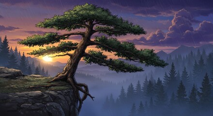 Tree on Cliff Edge at Sunset with Foggy Mountain Landscape