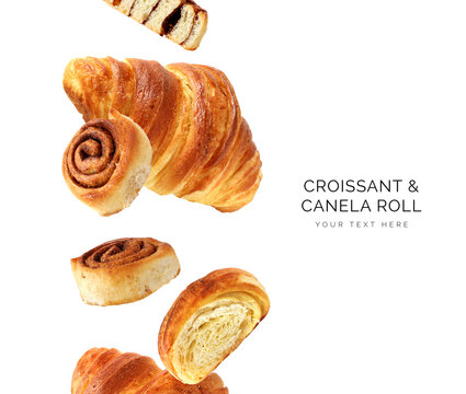 Creative layout made of cinnamon buns and croissant on the white background. Flat lay. Food concept. Sweets and Pastry.
